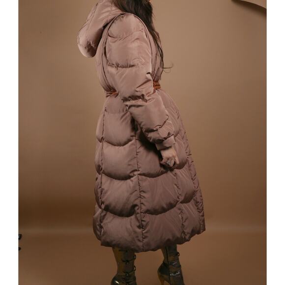 Vintage Beige Down Puffer Long Coat Jacket Quilted Leather Belt Warm Size L - Picture 3 of 12